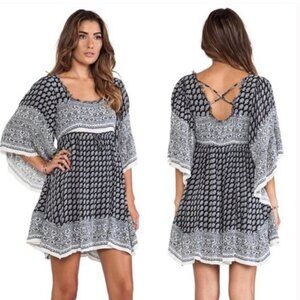 Free People Black/Blue/White Printed Boho Dress, S